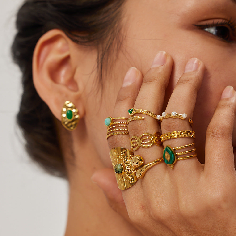 Bague en Acier Inoxydable Plaqué Or 18K avec Pierre de Malachite pour Femme