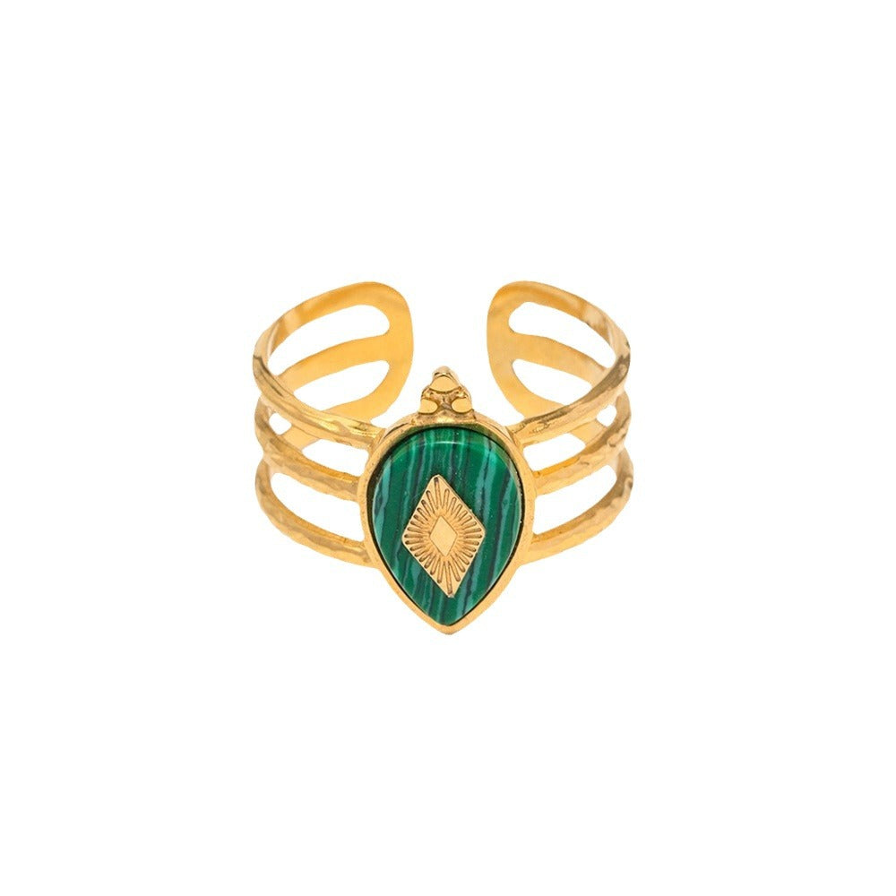 Bague en Acier Inoxydable Plaqué Or 18K avec Pierre de Malachite pour Femme