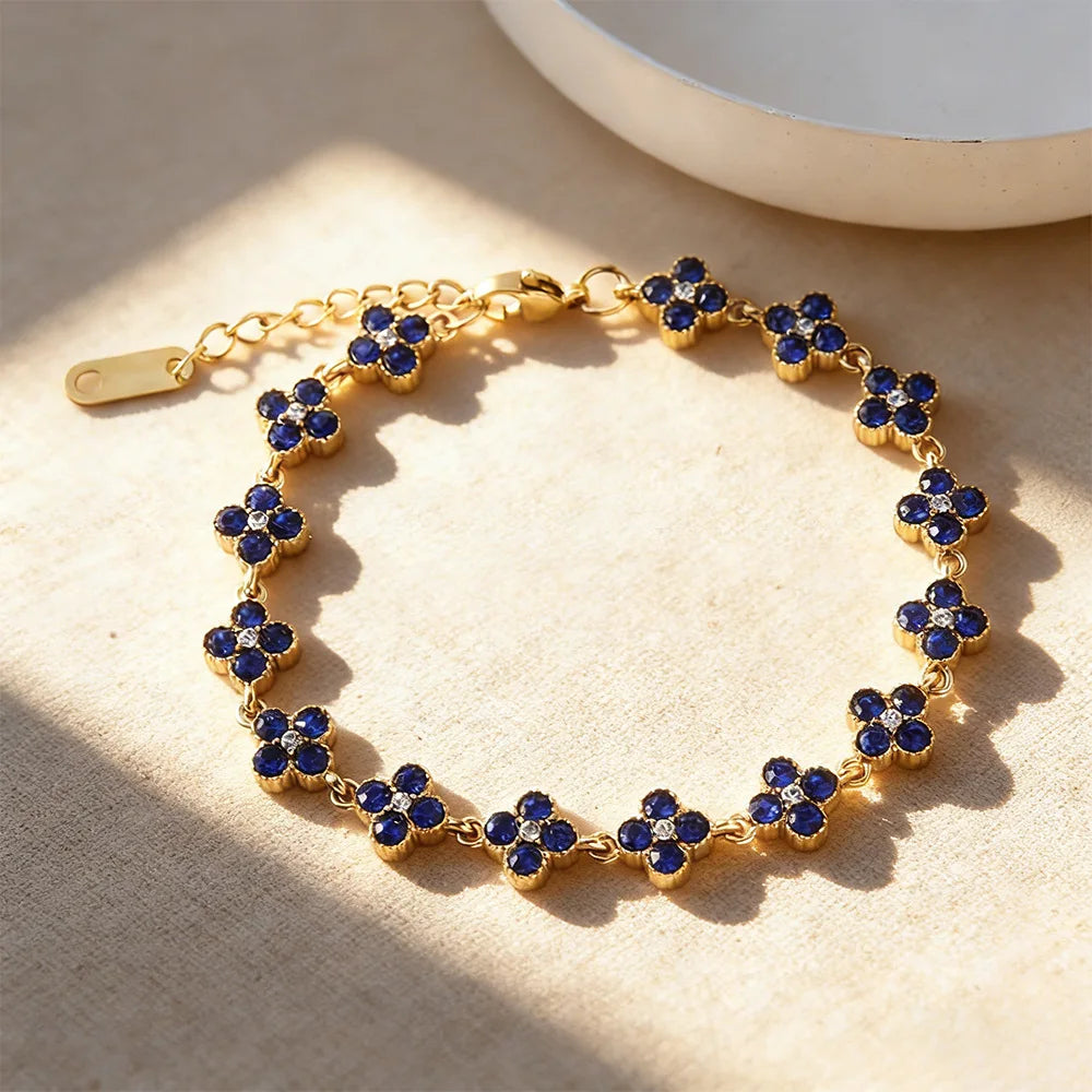 Bracelet Fleur Zircon Cubique Doré – Trèfle À Quatre Feuilles – Dahlya
