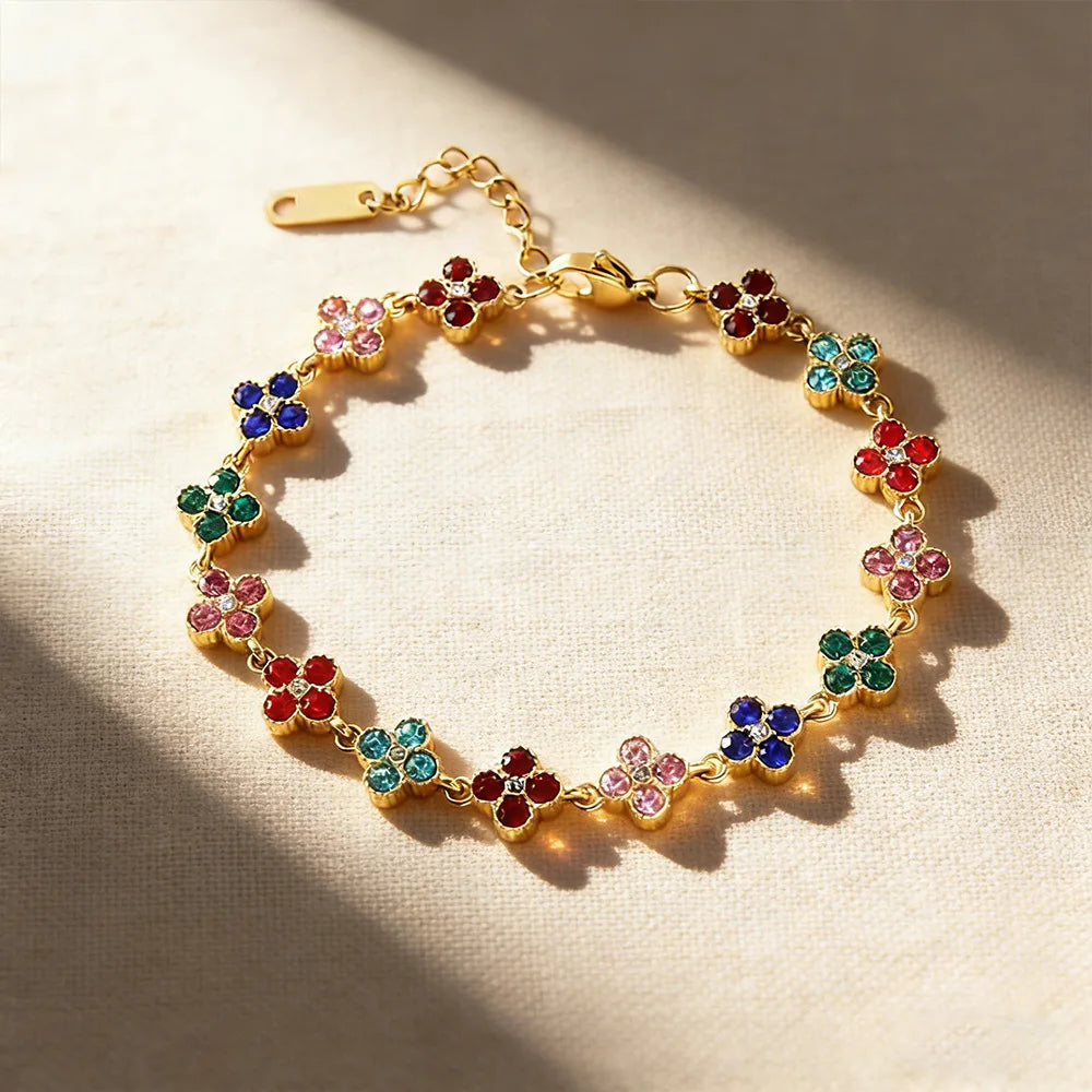 Bracelet Fleur Zircon Cubique Doré – Trèfle À Quatre Feuilles – Dahlya