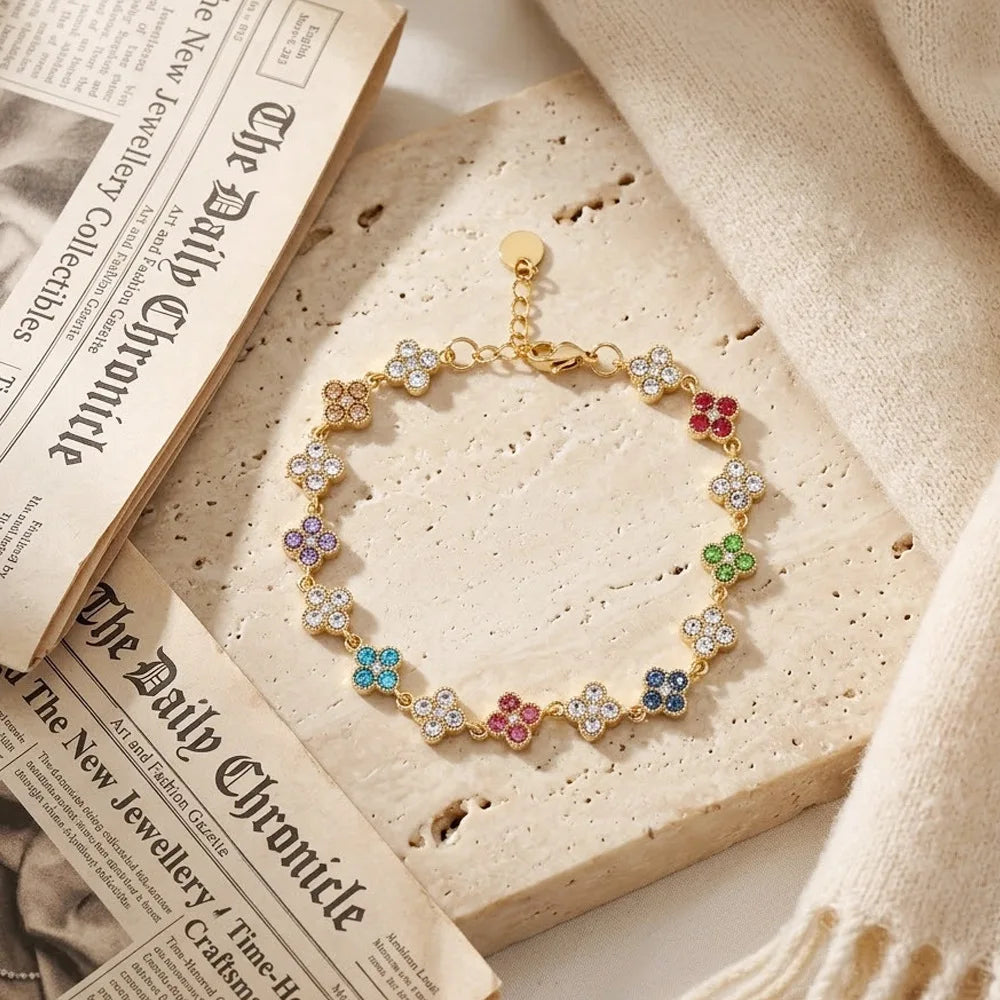 Bracelet Fleur Zircon Cubique Doré – Trèfle À Quatre Feuilles – Dahlya