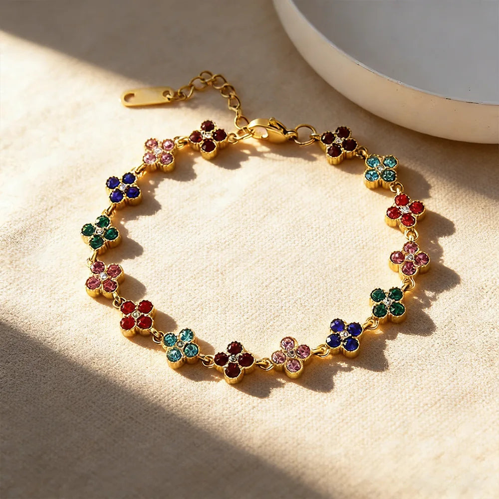 Bracelet Fleur Zircon Cubique Doré – Trèfle À Quatre Feuilles – Dahlya