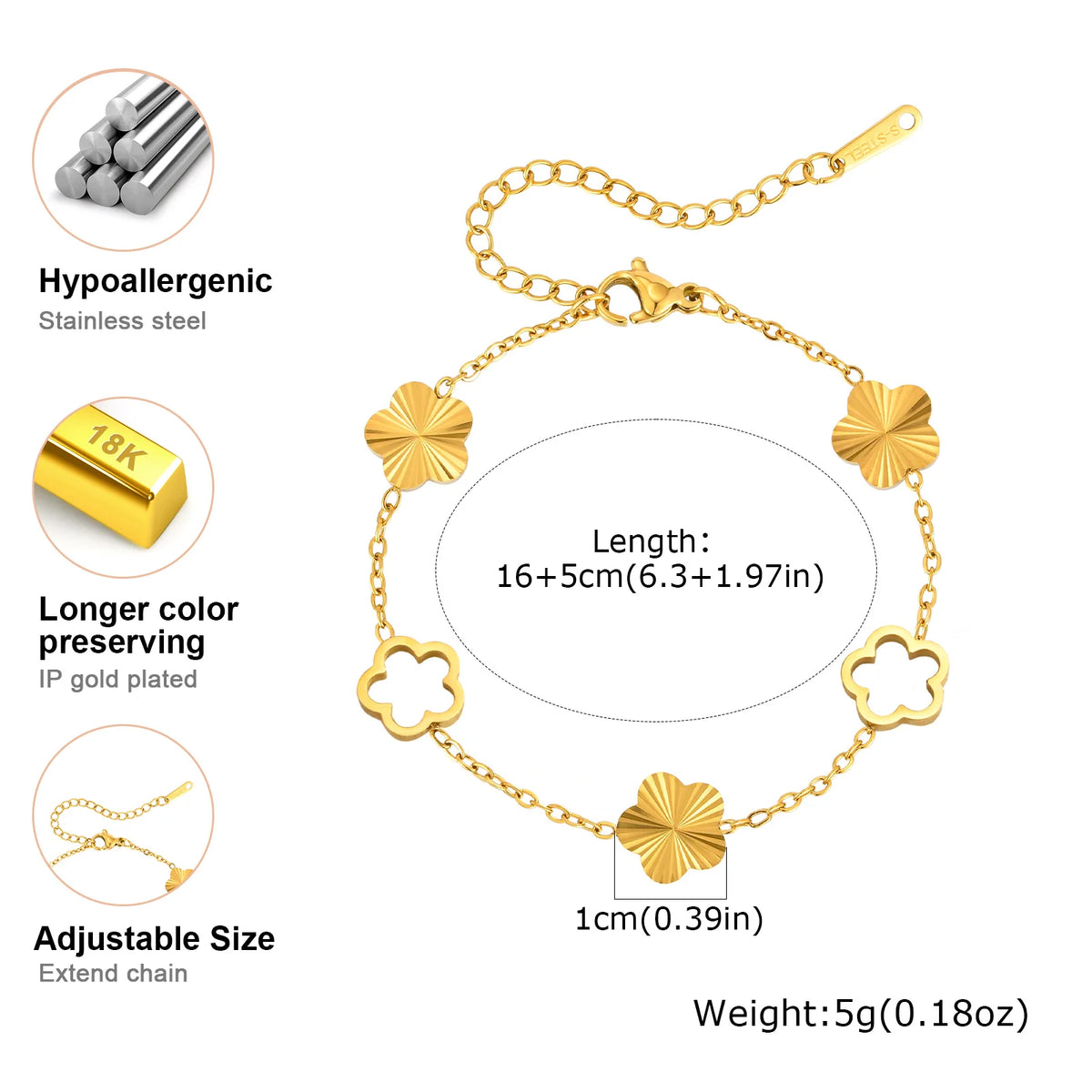 Bracelet Fleur Zircon Ajourée – Chaîne Acier Inoxydable Doré