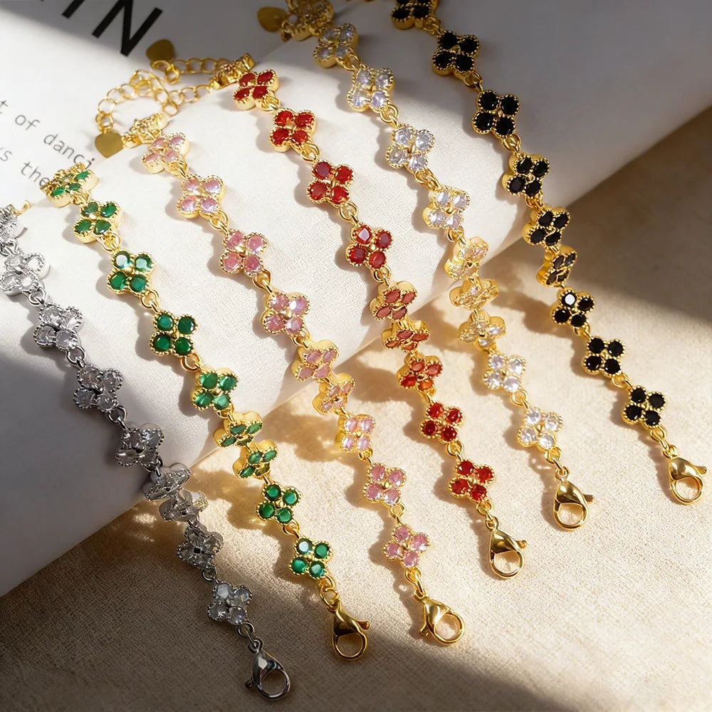 Bracelet Fleur Zircon Cubique Doré – Trèfle À Quatre Feuilles – Dahlya