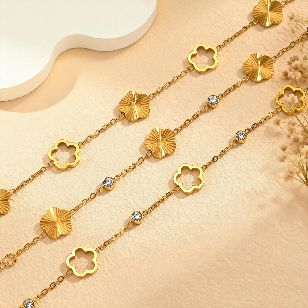 Bracelet Fleur Zircon Ajourée – Chaîne Acier Inoxydable Doré