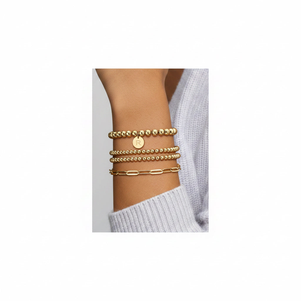 Bracelet Initial R Sanfenly en Or pour Femmes, en Acier Inoxydable Plaqué Or Non Ternissant avec Perles, Élastique et Empilable
