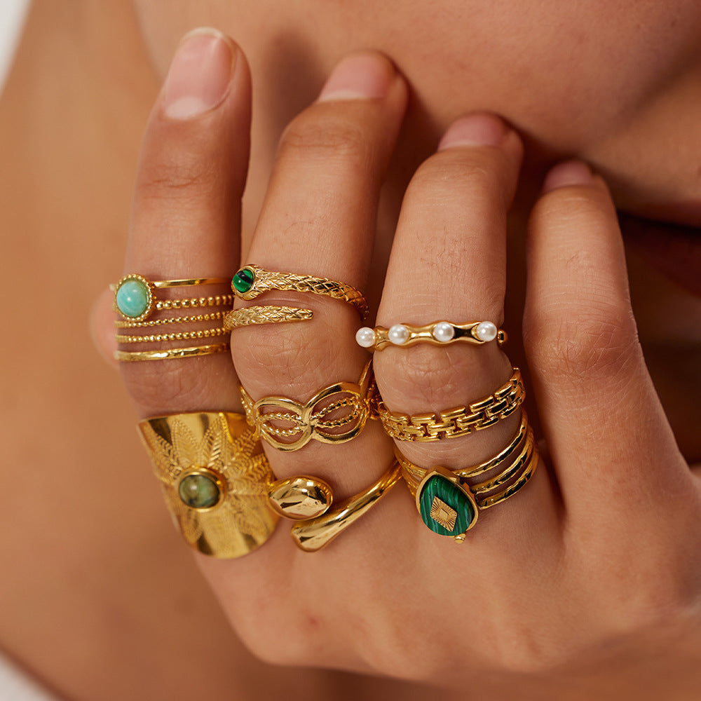 Bague en Acier Inoxydable Plaqué Or 18K avec Pierre de Malachite pour Femme