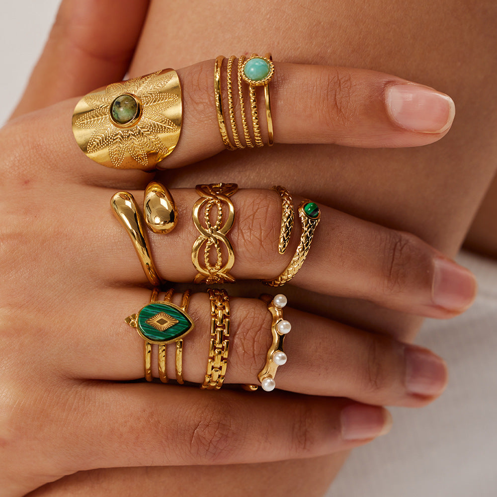 Bague en Acier Inoxydable Plaqué Or 18K avec Pierre de Malachite pour Femme